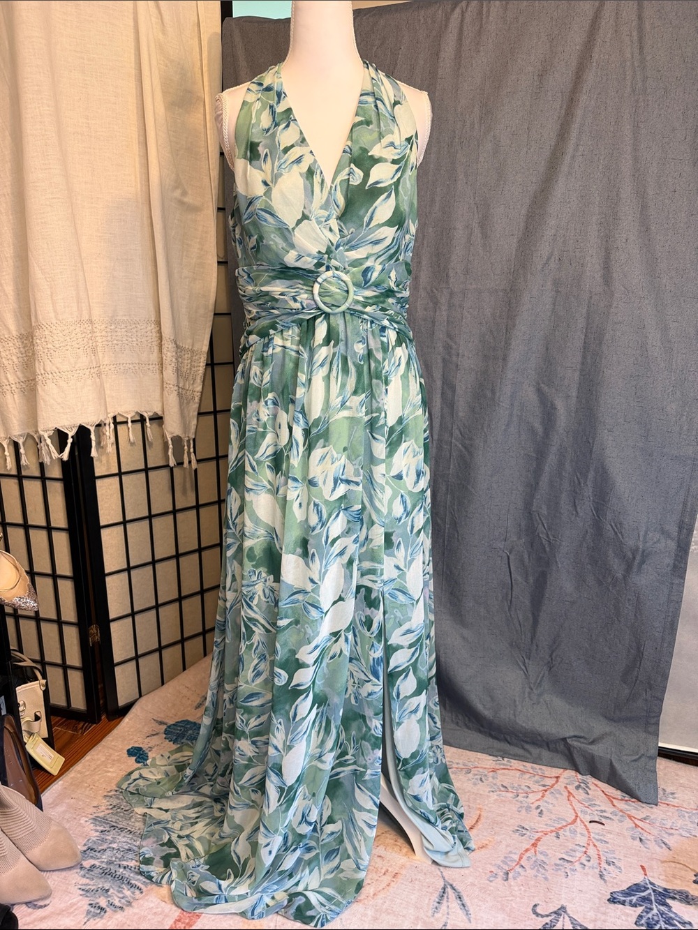 Adrianna Papell Chiffon Leaf Halter Maxi Dress